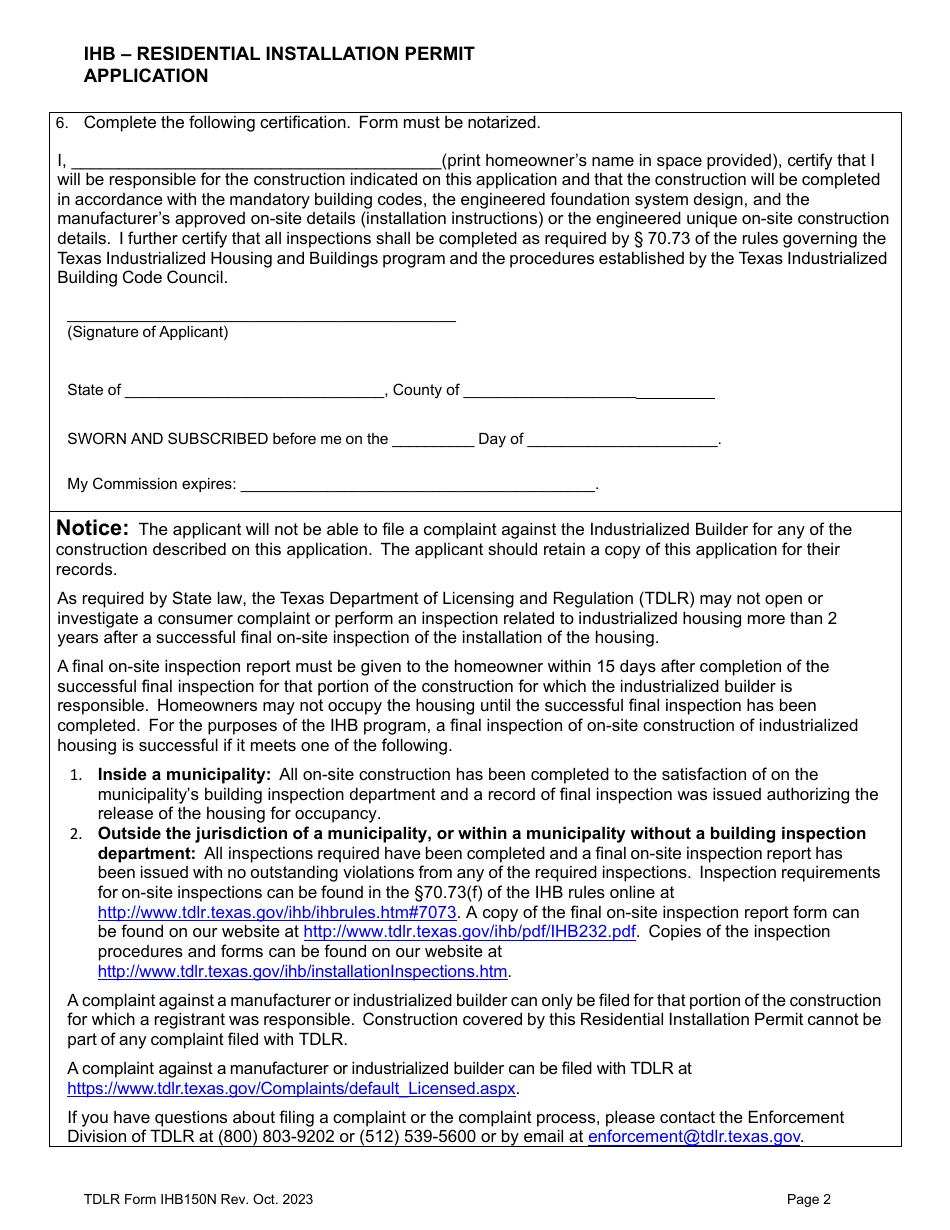TDLR Form IHB150N Ihb - Residential Installation Permit Application - Texas, Page 4