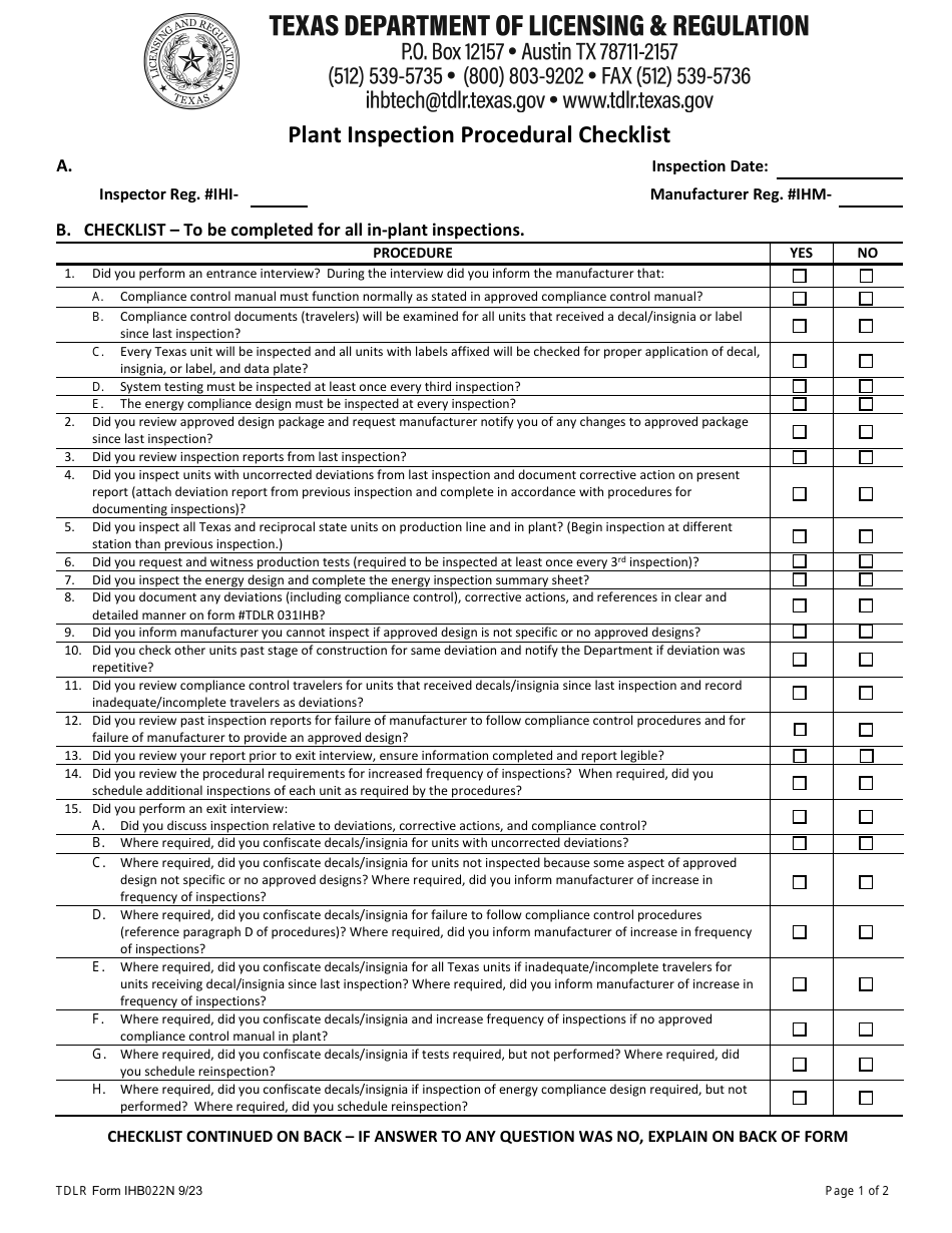 TDLR Form IHB022N Plant Inspection Procedural Checklist - Texas, Page 1