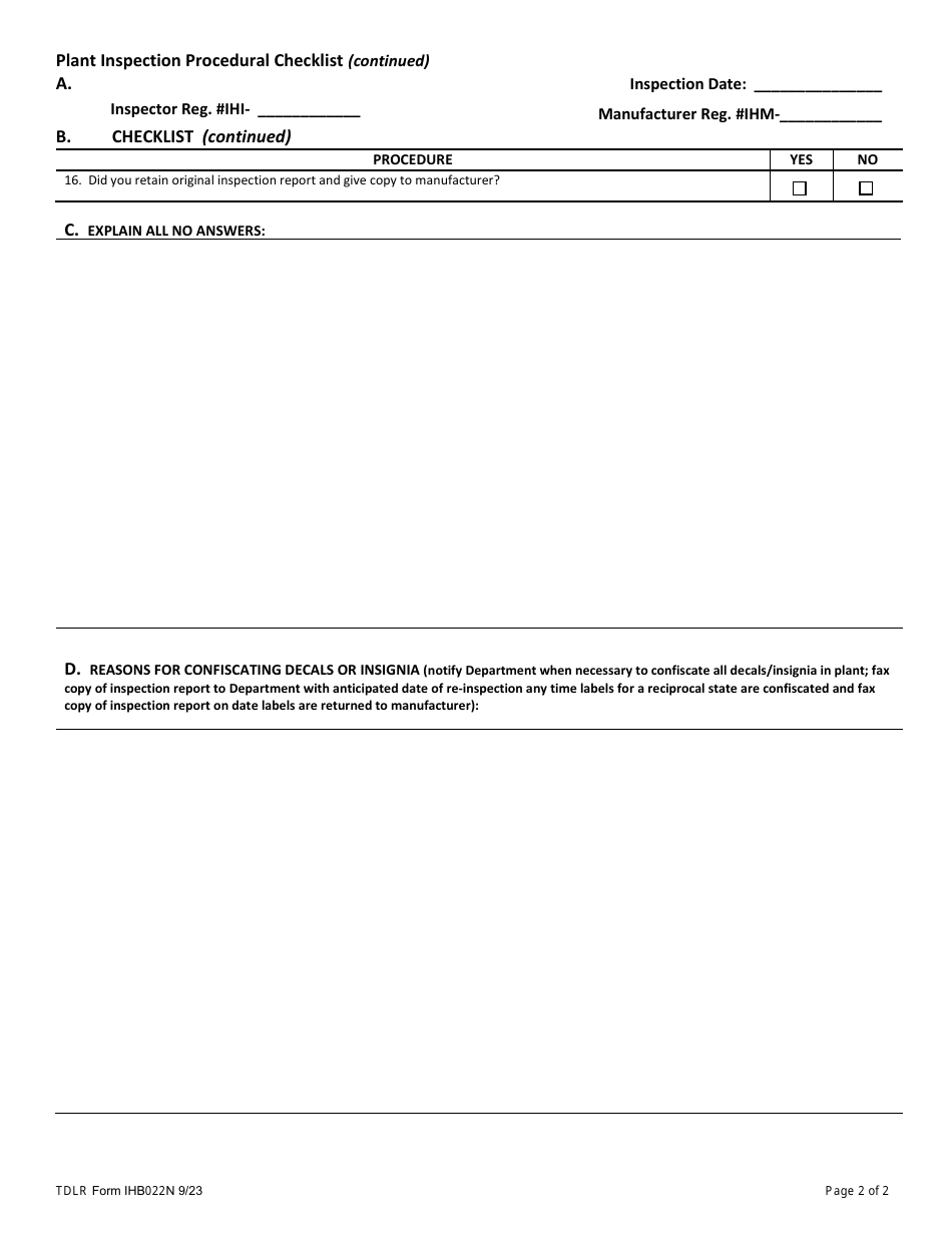 TDLR Form IHB022N Plant Inspection Procedural Checklist - Texas, Page 2