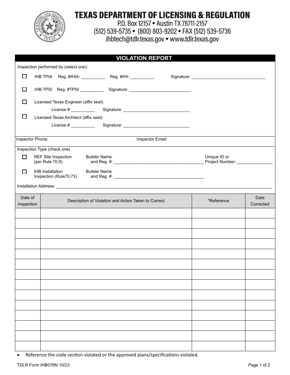 TDLR Form IHB076N Violation Report - Texas, Page 1