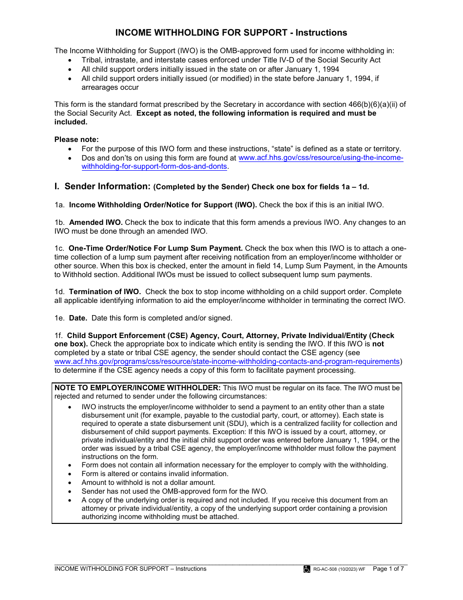 Instructions for Form 1F-P-1087 Order / Notice to Withhold Income for Support - Hawaii, Page 1