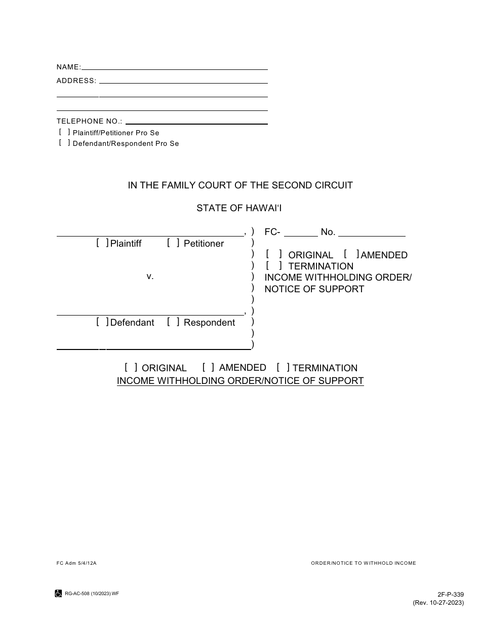 Form 1F-P-1087 Order / Notice to Withhold Income for Support - Hawaii, Page 1
