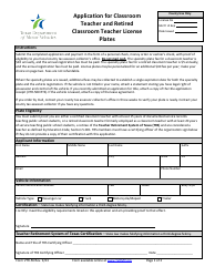 Document preview: Form VTR-56 Application for Classroom Teacher and Retired Classroom Teacher License Plates - Texas