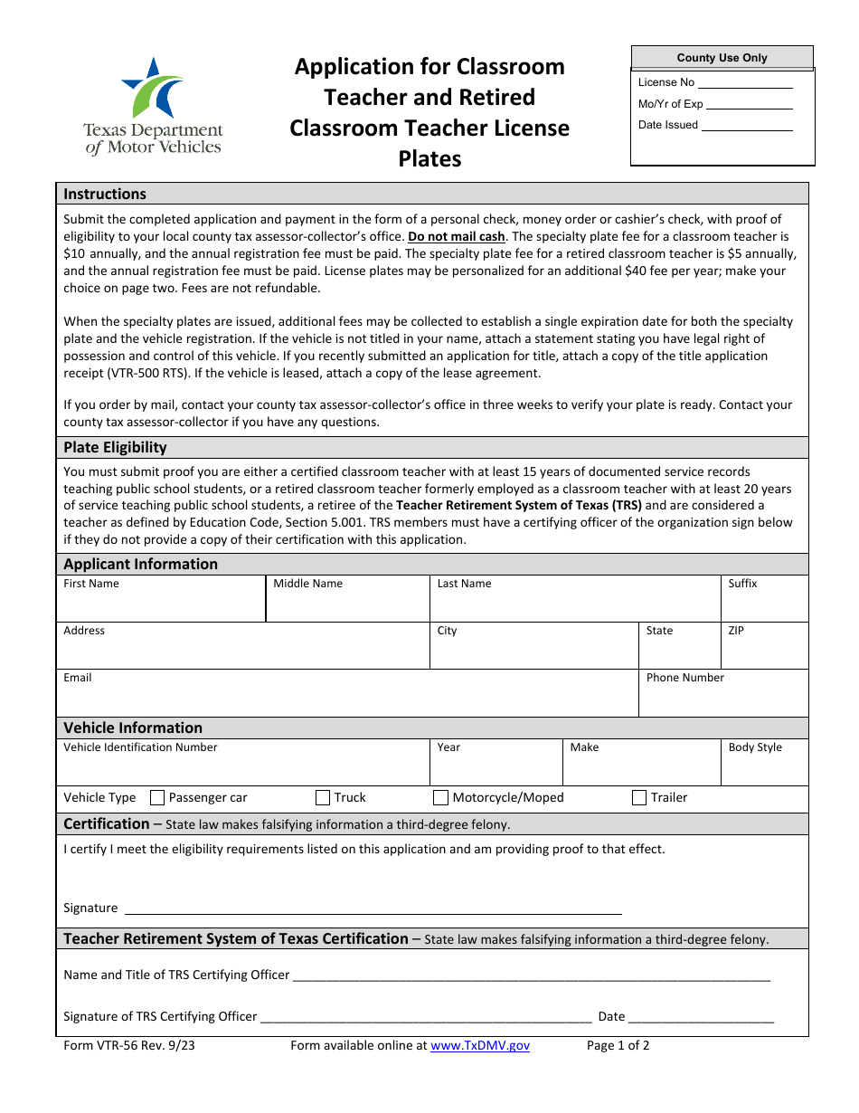 Form VTR-56 Application for Classroom Teacher and Retired Classroom Teacher License Plates - Texas, Page 1