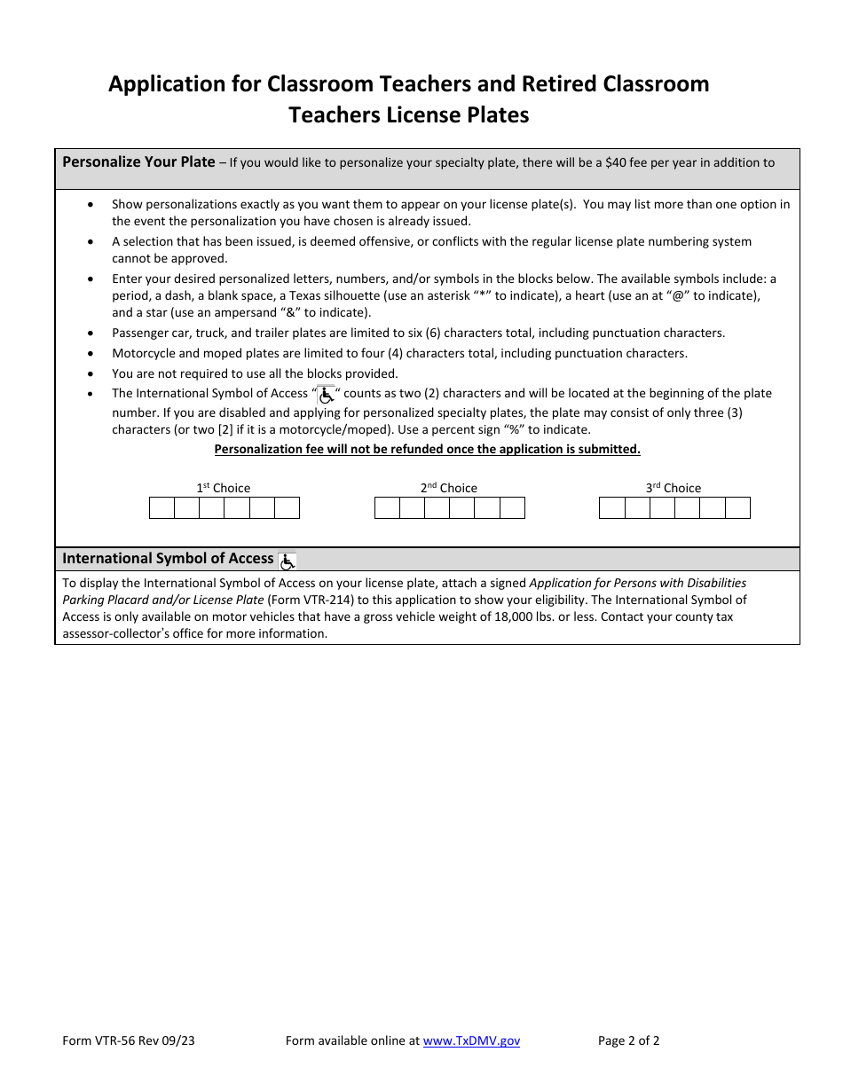 Form VTR-56 Application for Classroom Teacher and Retired Classroom Teacher License Plates - Texas, Page 2