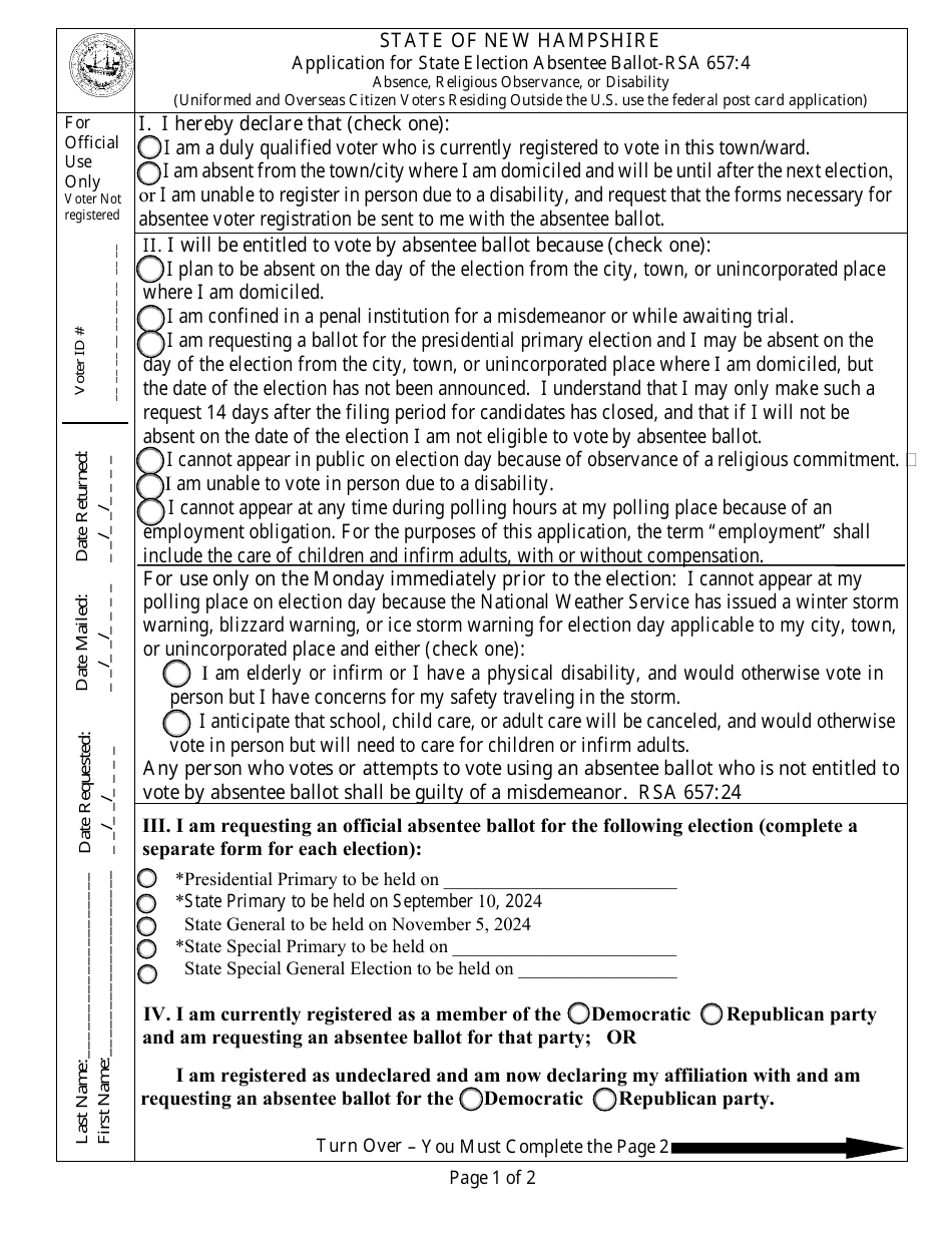 New Hampshire Application for State Election Absentee Ballot Download