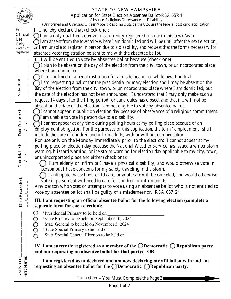 Application for State Election Absentee Ballot - New Hampshire, Page 1