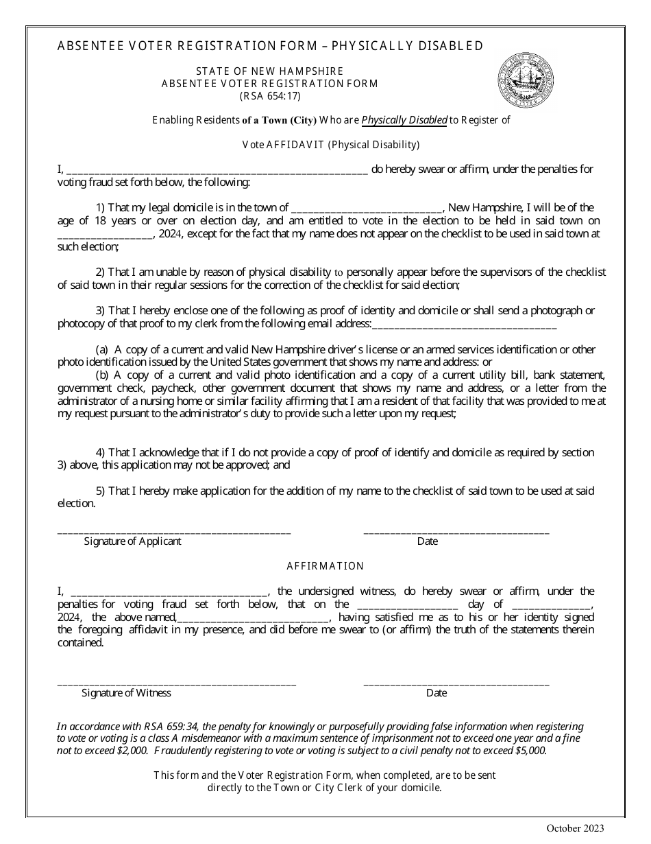 Absentee Voter Registration Form - Physically Disabled - New Hampshire, Page 1