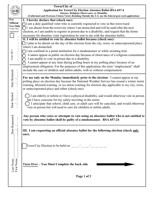 Application for Town/City Election Absentee Ballot - New Hampshire