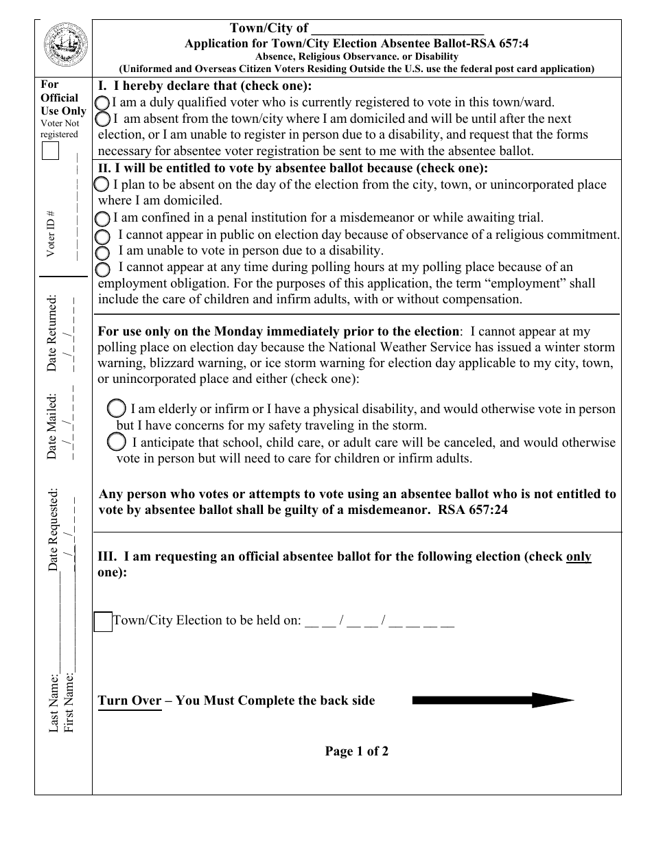 Application for Town / City Election Absentee Ballot - New Hampshire, Page 1