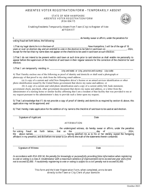 Absentee Voter Registration Form - Temporarily Absent - New Hampshire