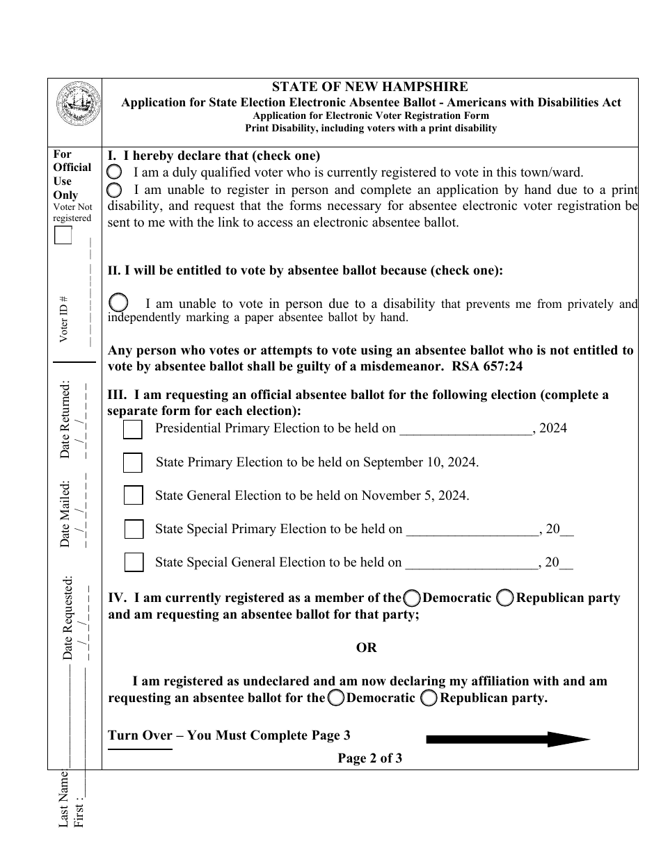 New Hampshire Accessible Electronic Absentee Ballot Download Fillable