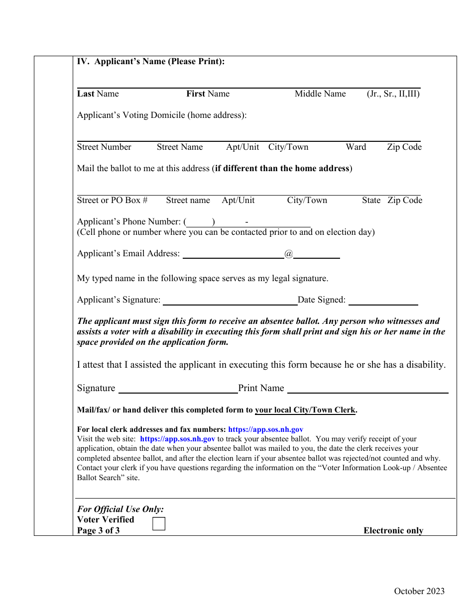 New Hampshire Accessible Electronic Absentee Ballot Download Fillable