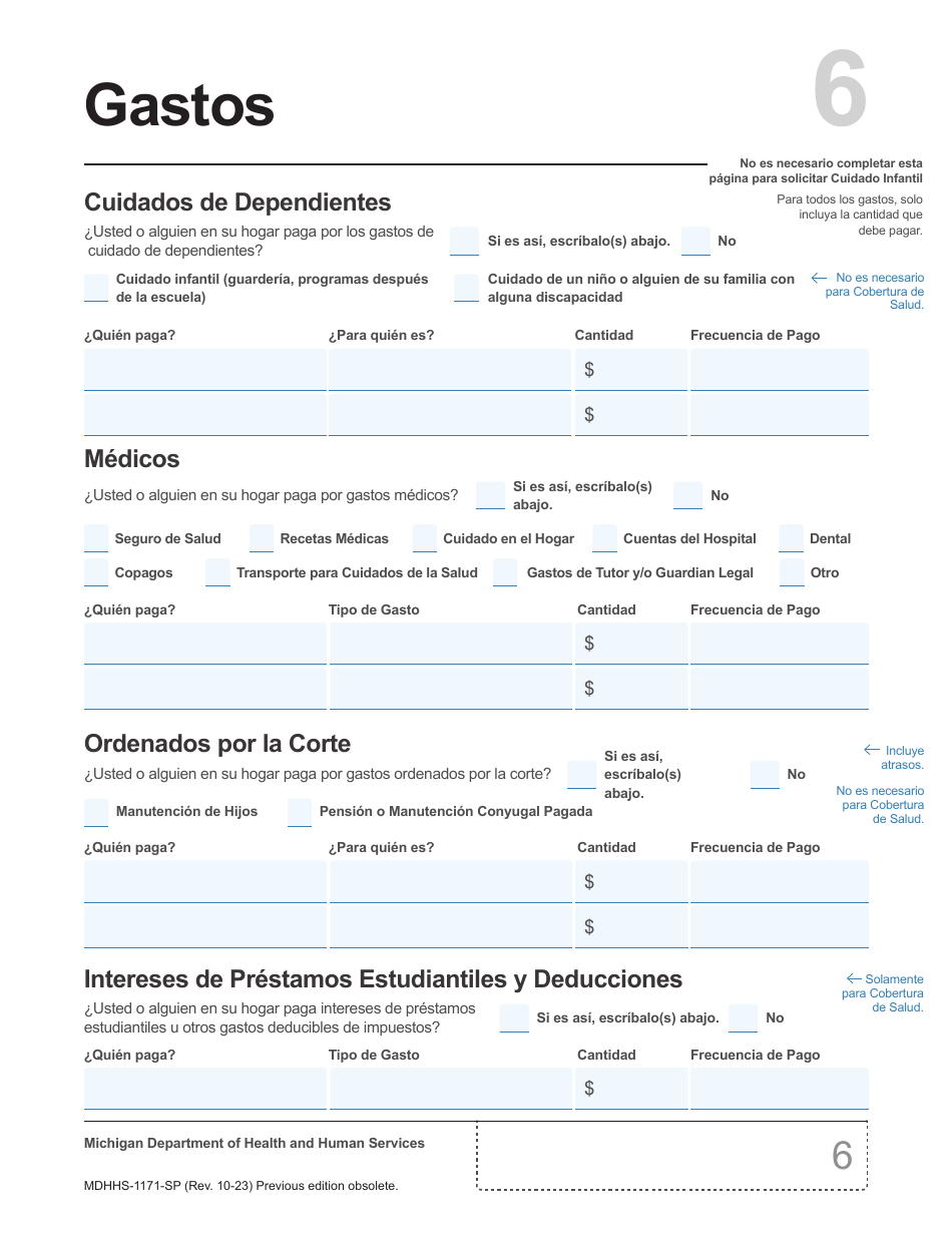 Formulario MDHHS-1171-SP Solicitud De Asistencia - Michigan (Spanish), Page 7