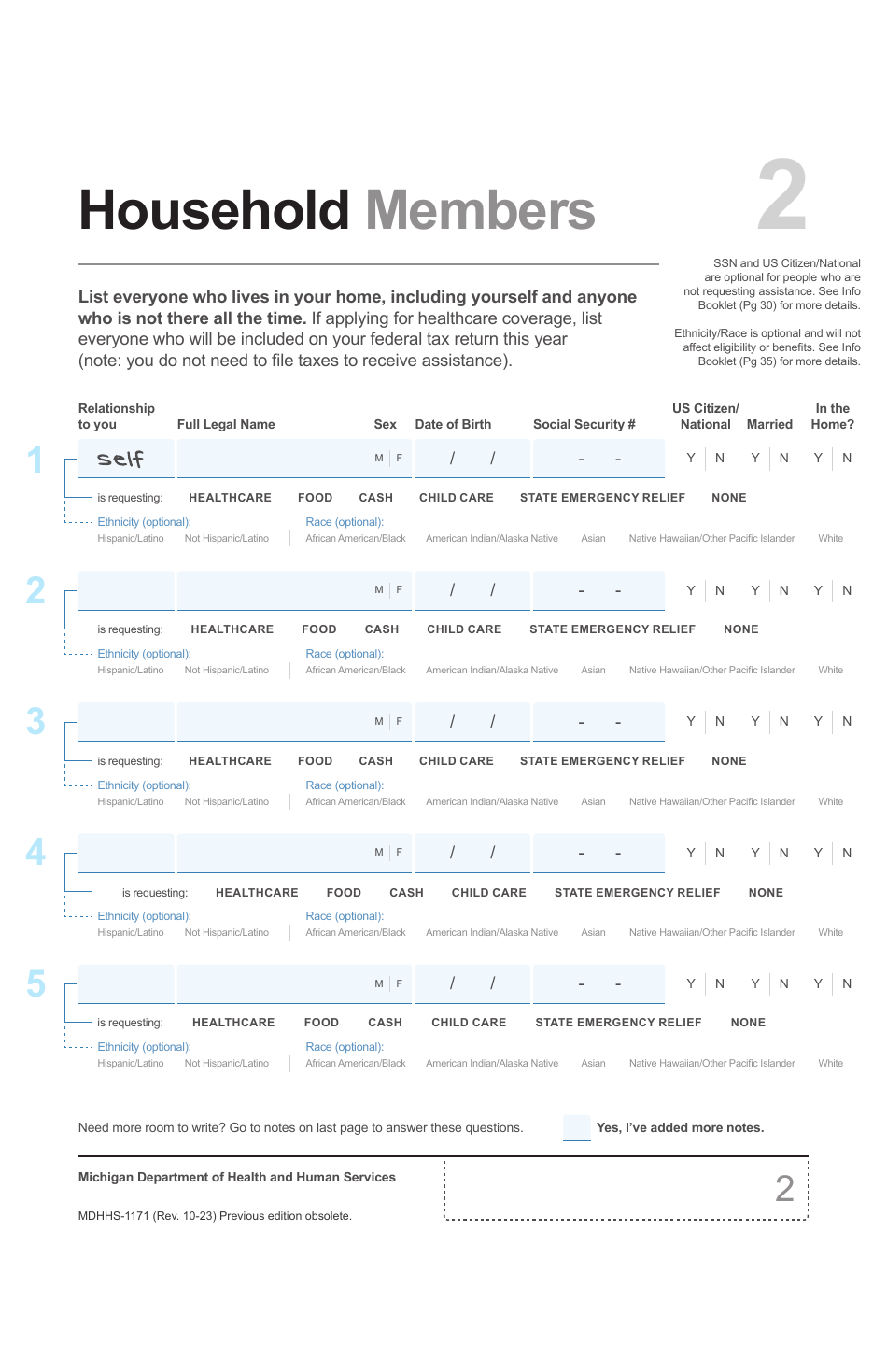 Form MDHHS-1171 Assistance Application - Michigan, Page 3
