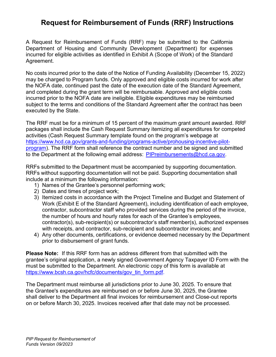 Request for Reimbursement of Fundstions - Prohousing Incentive Pilot (Pip) Program - California, Page 1