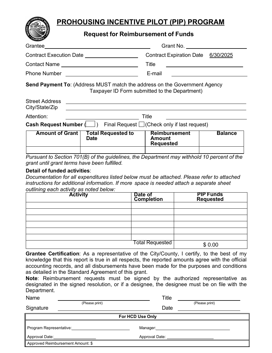 Request for Reimbursement of Fundstions - Prohousing Incentive Pilot (Pip) Program - California, Page 4