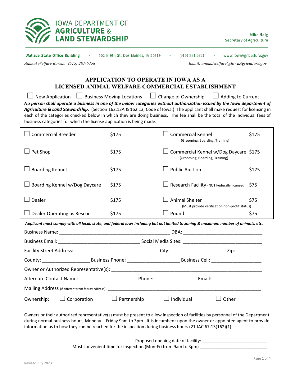Application to Operate in Iowa as a Licensed Animal Welfare Commercial Establishment - Iowa, Page 1