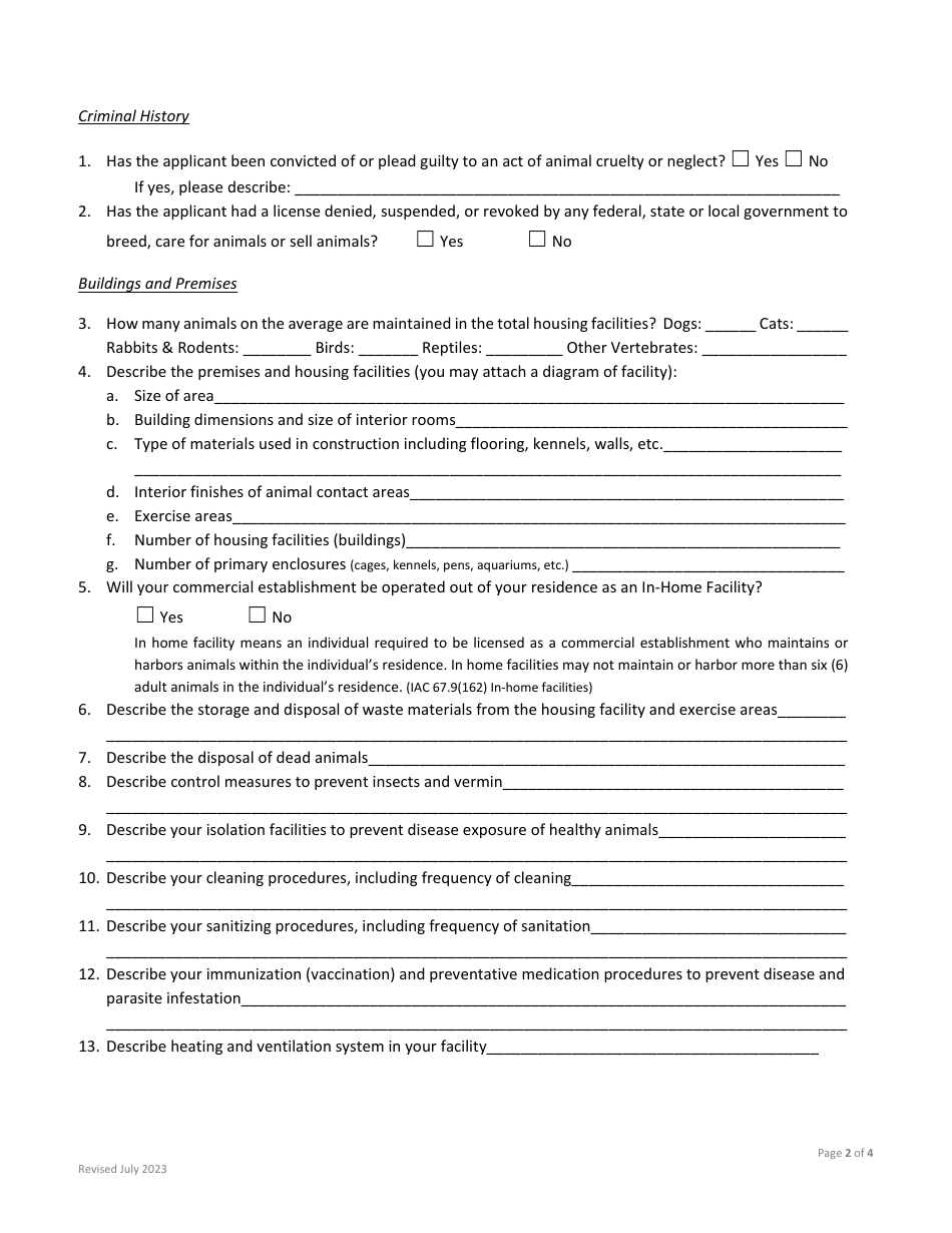 Application to Operate in Iowa as a Licensed Animal Welfare Commercial Establishment - Iowa, Page 2