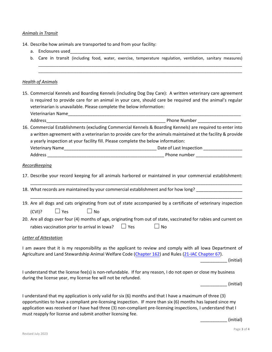 Application to Operate in Iowa as a Licensed Animal Welfare Commercial Establishment - Iowa, Page 3