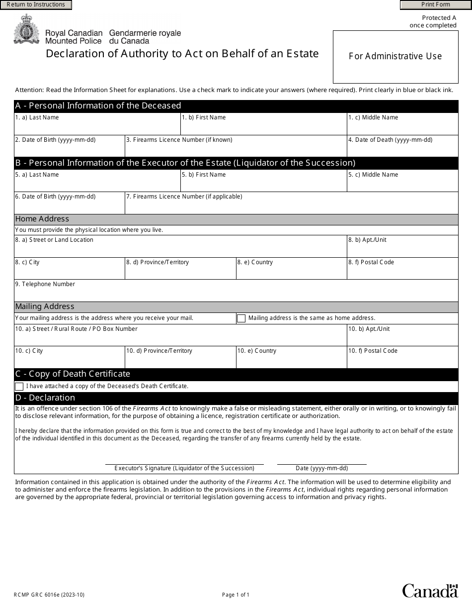 Form GRC RCMP6016 Declaration of Authority to Act on Behalf of an Estate - Canada, Page 3