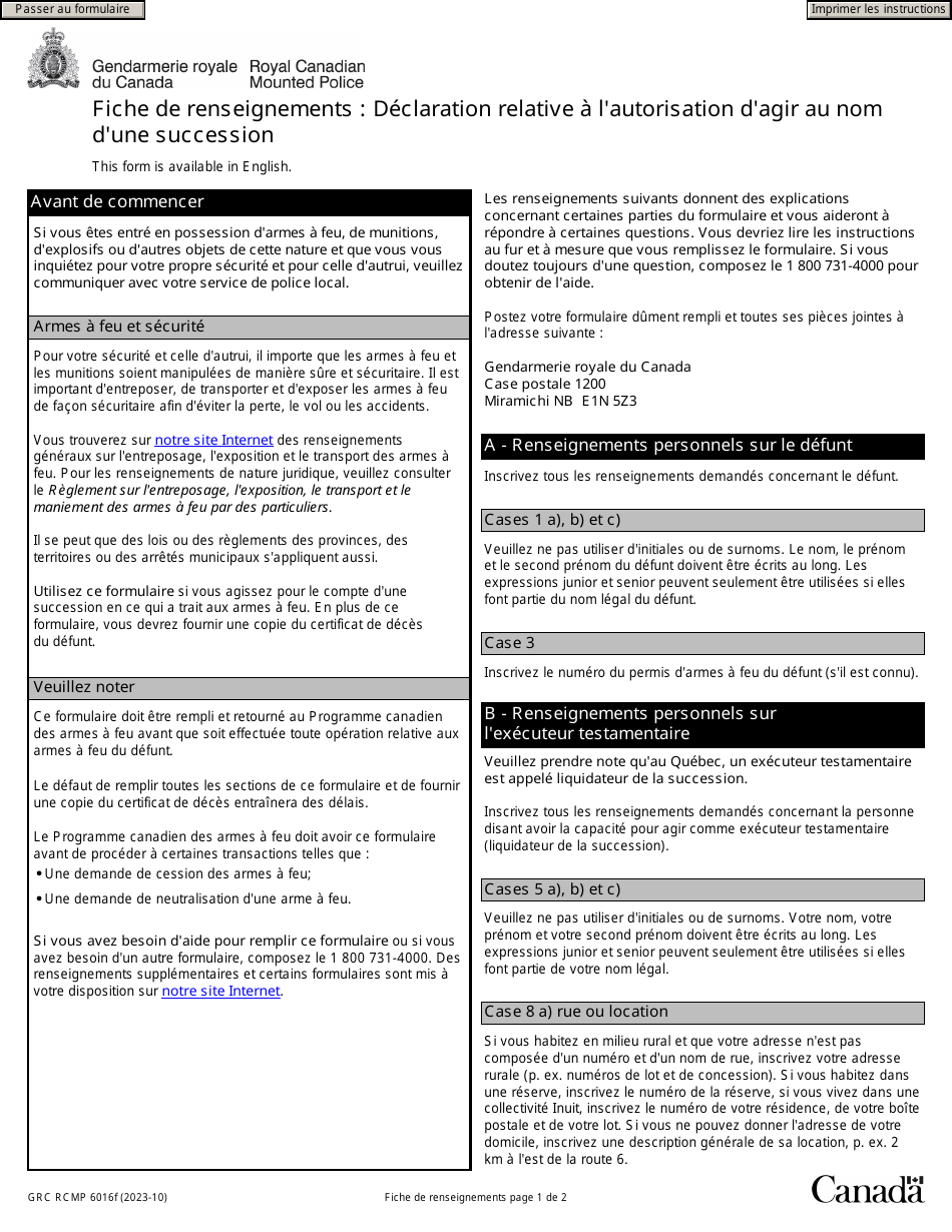 Forme GRC RCMP6016 Declaration Relative a Lautorisation Dagir Au Nom Dune Succession - Canada (French), Page 1