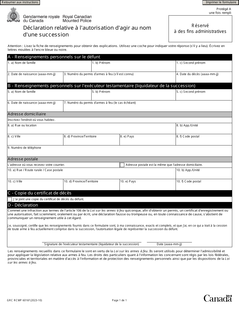 Forme GRC RCMP6016 Declaration Relative a Lautorisation Dagir Au Nom Dune Succession - Canada (French), Page 3