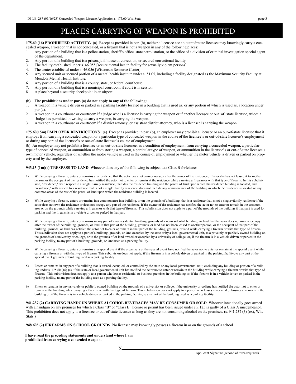 Form DJ-LE-287 Application for Concealed Weapon License - Wisconsin, Page 3