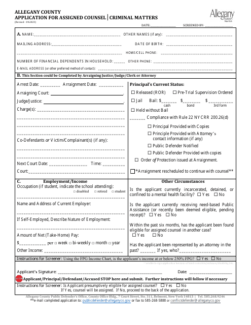 Allegany County Application for Assigned Counsel - Criminal Matters - Allegany County, New York Download Pdf