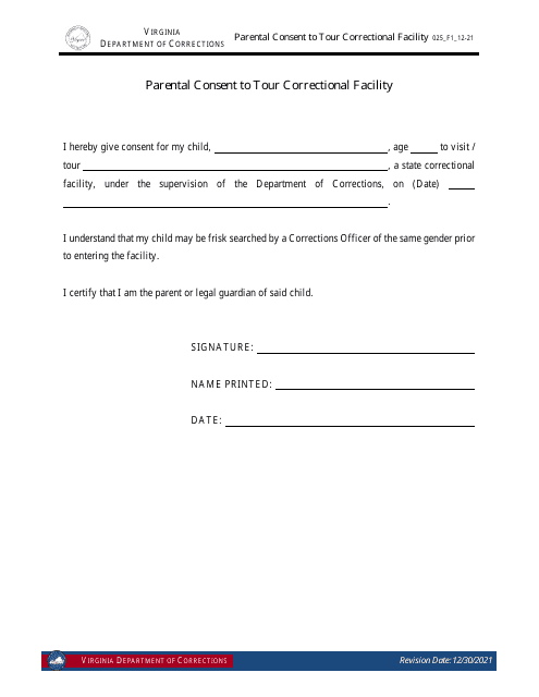 Form 1 Parental Consent to Tour Correctional Facility - Virginia
