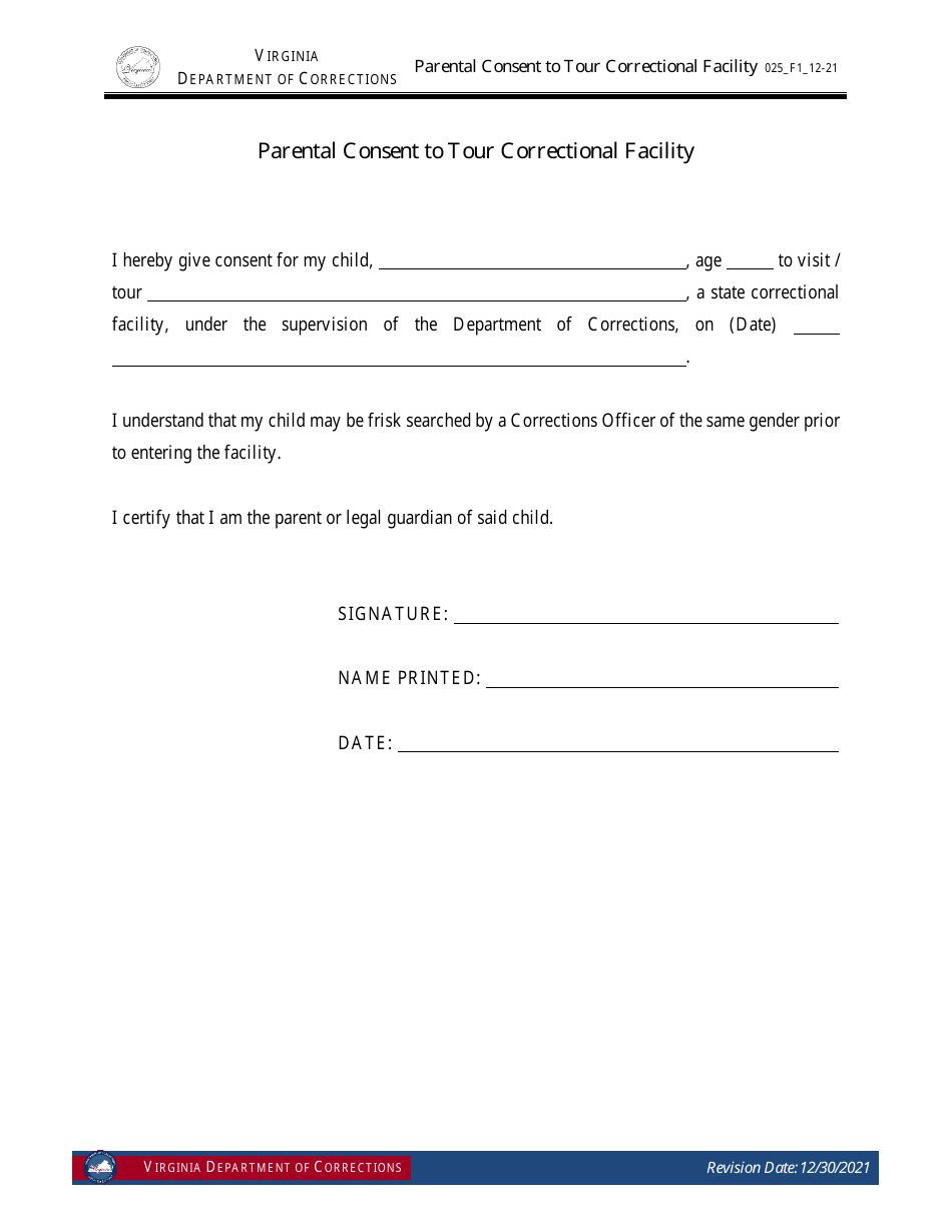Form 1 Parental Consent to Tour Correctional Facility - Virginia, Page 1