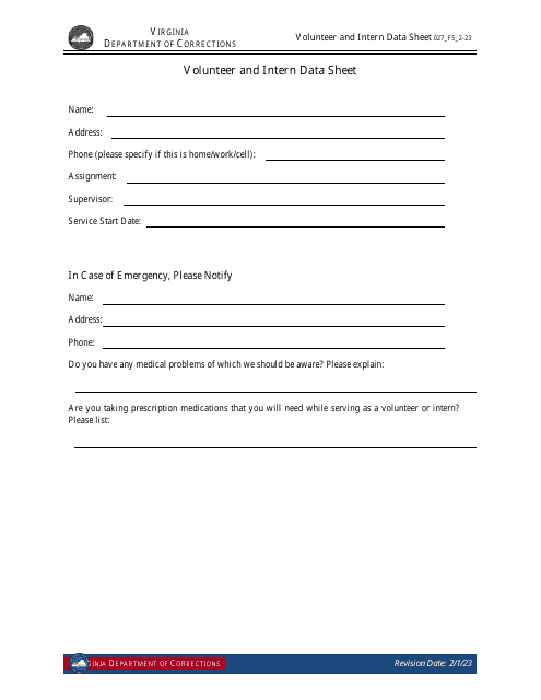 Form 5 Volunteer and Intern Data Sheet - Virginia