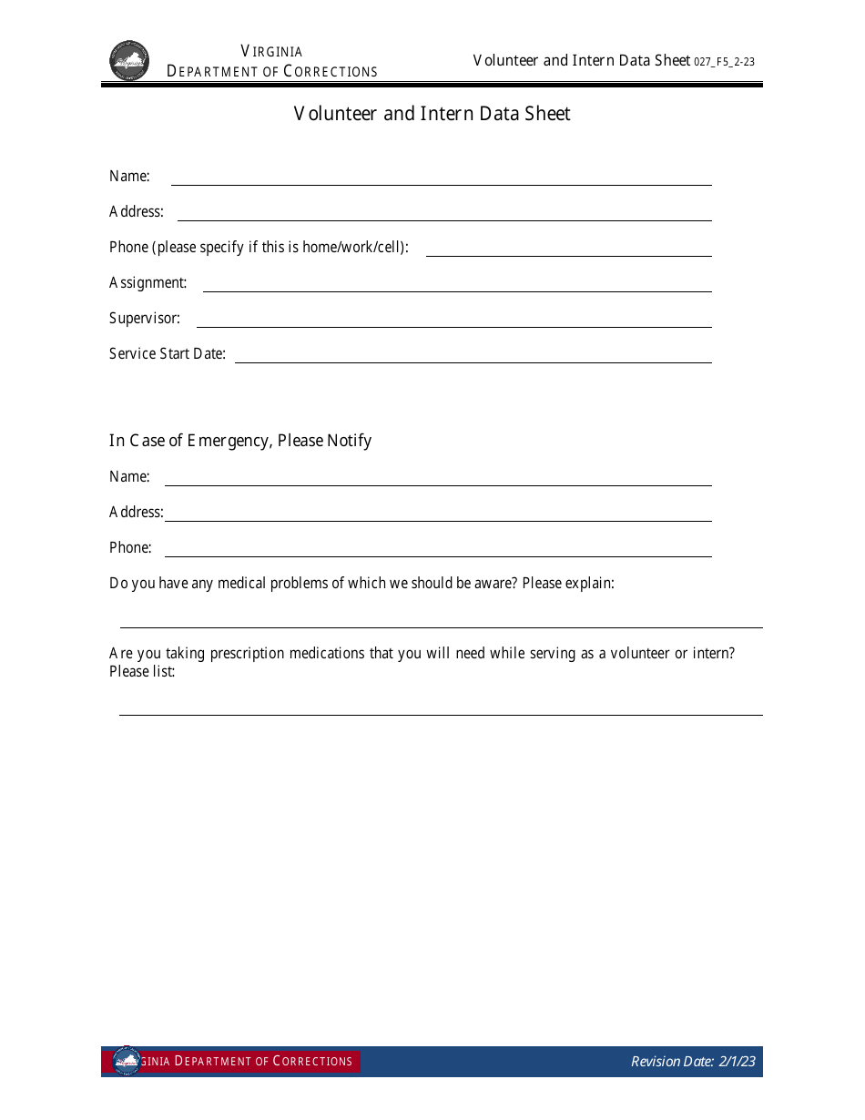 Form 5 Volunteer and Intern Data Sheet - Virginia, Page 1