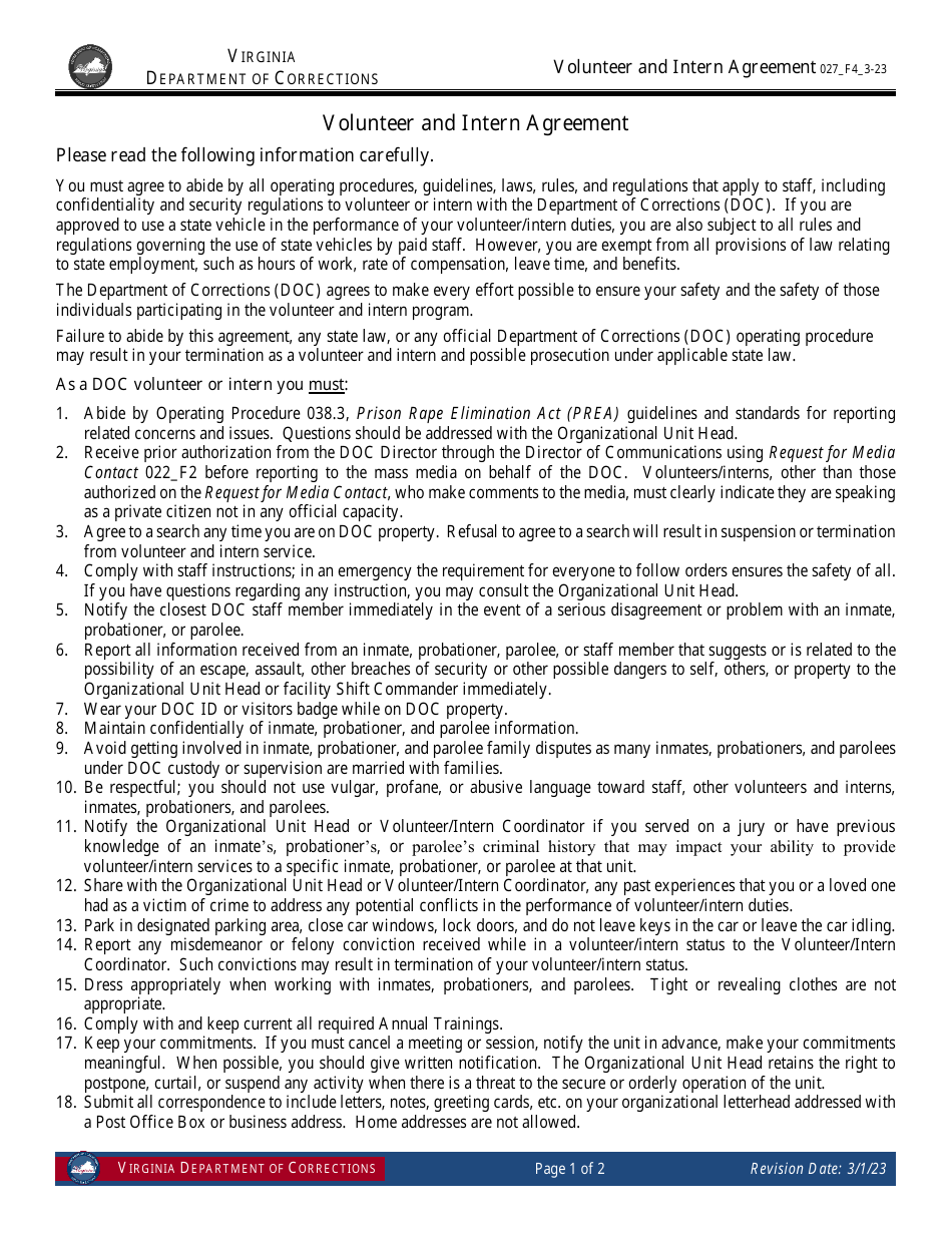 Form 4 Volunteer and Intern Agreement - Virginia, Page 1