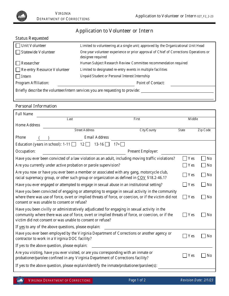 Form 2 Application to Volunteer or Intern - Virginia, Page 1