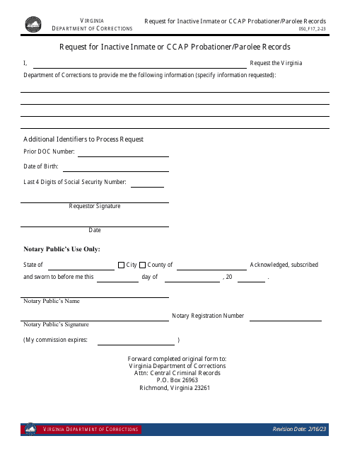 Form 17 Request for Inactive Inmate or Ccap Probationer/Parolee Records - Virginia