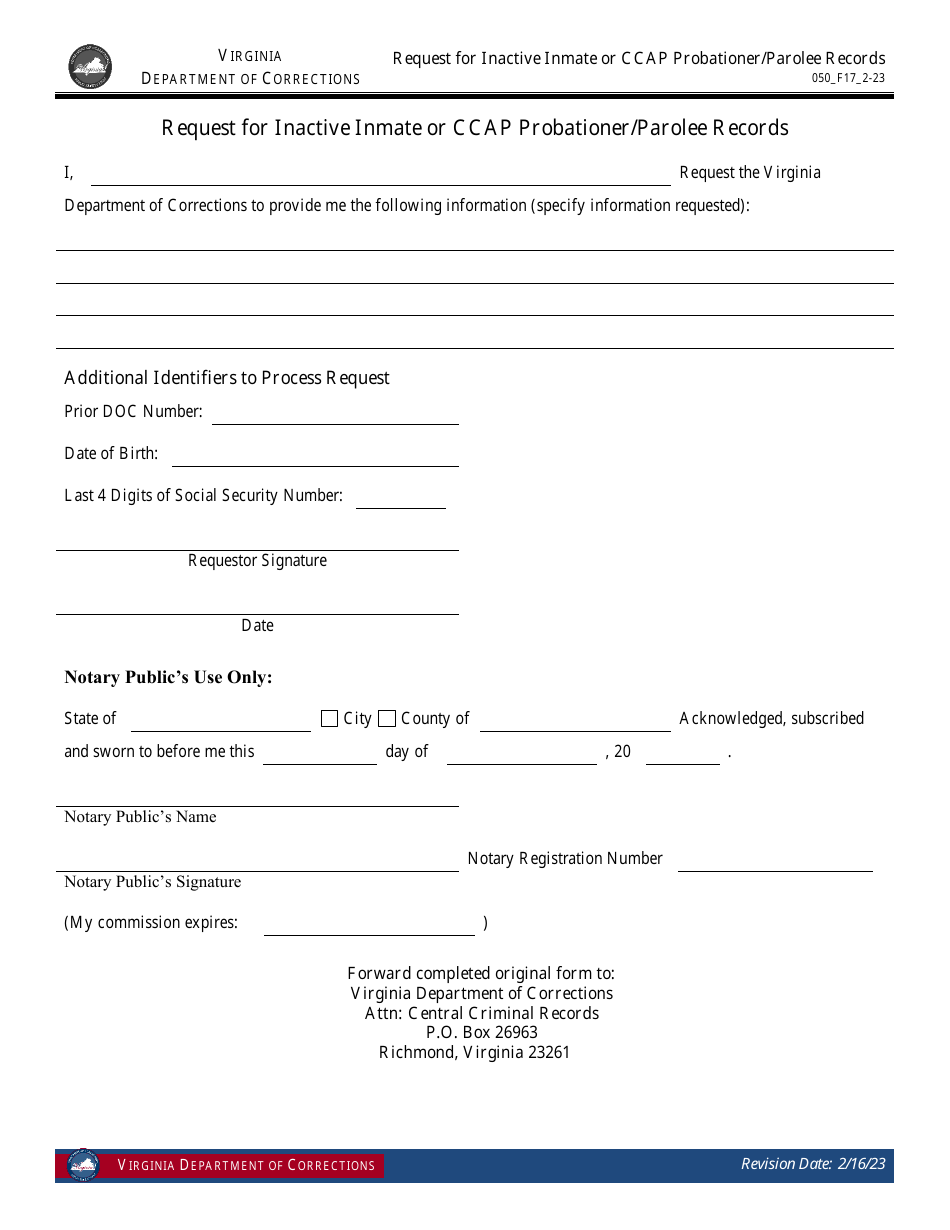 Form 17 Request for Inactive Inmate or Ccap Probationer / Parolee Records - Virginia, Page 1