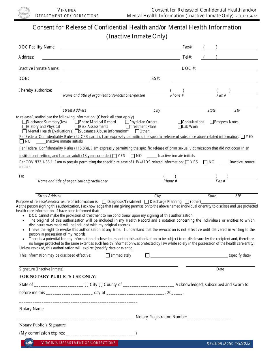 Form 11 Consent for Release of Confidential Health and / or Mental Health Information (Inactive Inmate Only) - Virginia, Page 1