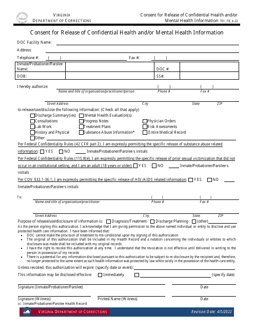 Form 8 Consent for Release of Confidential Health and/or Mental Health Information - Virginia