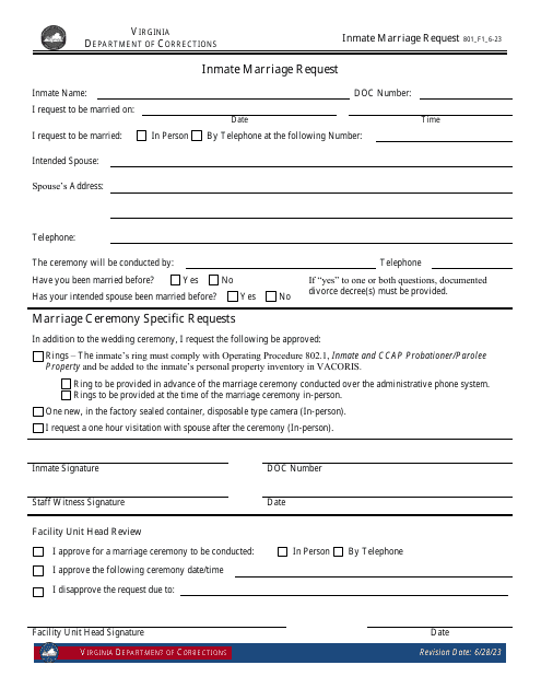 Form 1 Inmate Marriage Request - Virginia