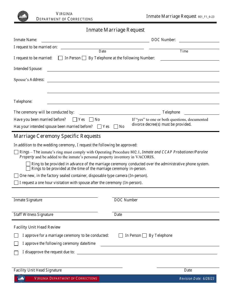 Form 1 Inmate Marriage Request - Virginia, Page 1