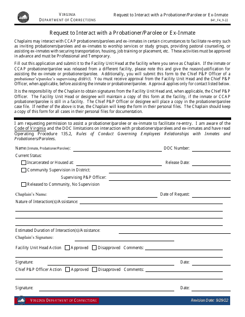 Form 4 Request to Interact With a Probationer/Parolee or Ex-inmate - Virginia