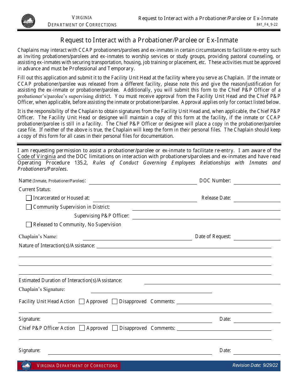 Form 4 Request to Interact With a Probationer / Parolee or Ex-inmate - Virginia, Page 1