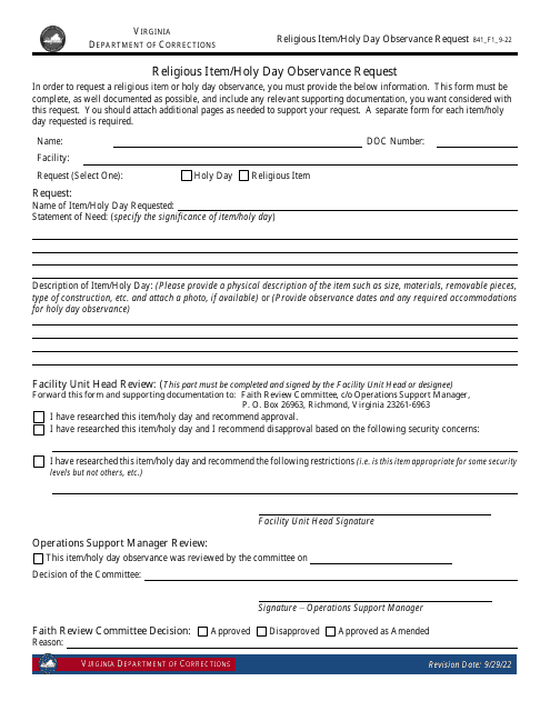 Form 1 Religious Item/Holy Day Observance Request - Virginia