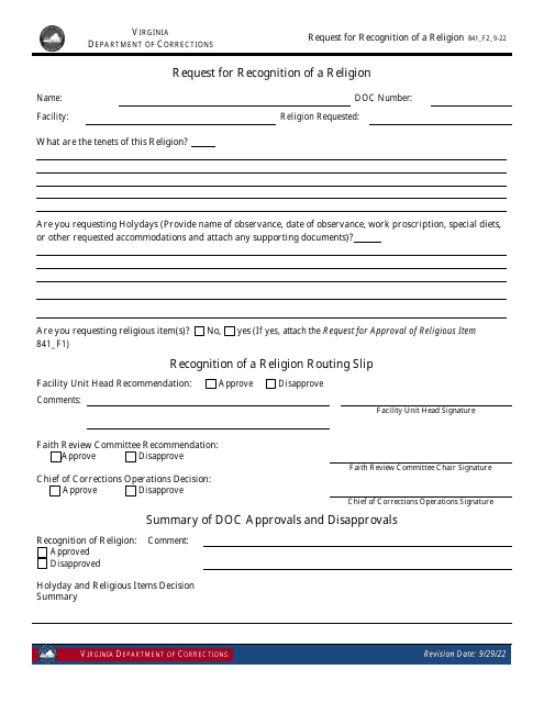 Form 2 Request for Recognition of a Religion - Virginia