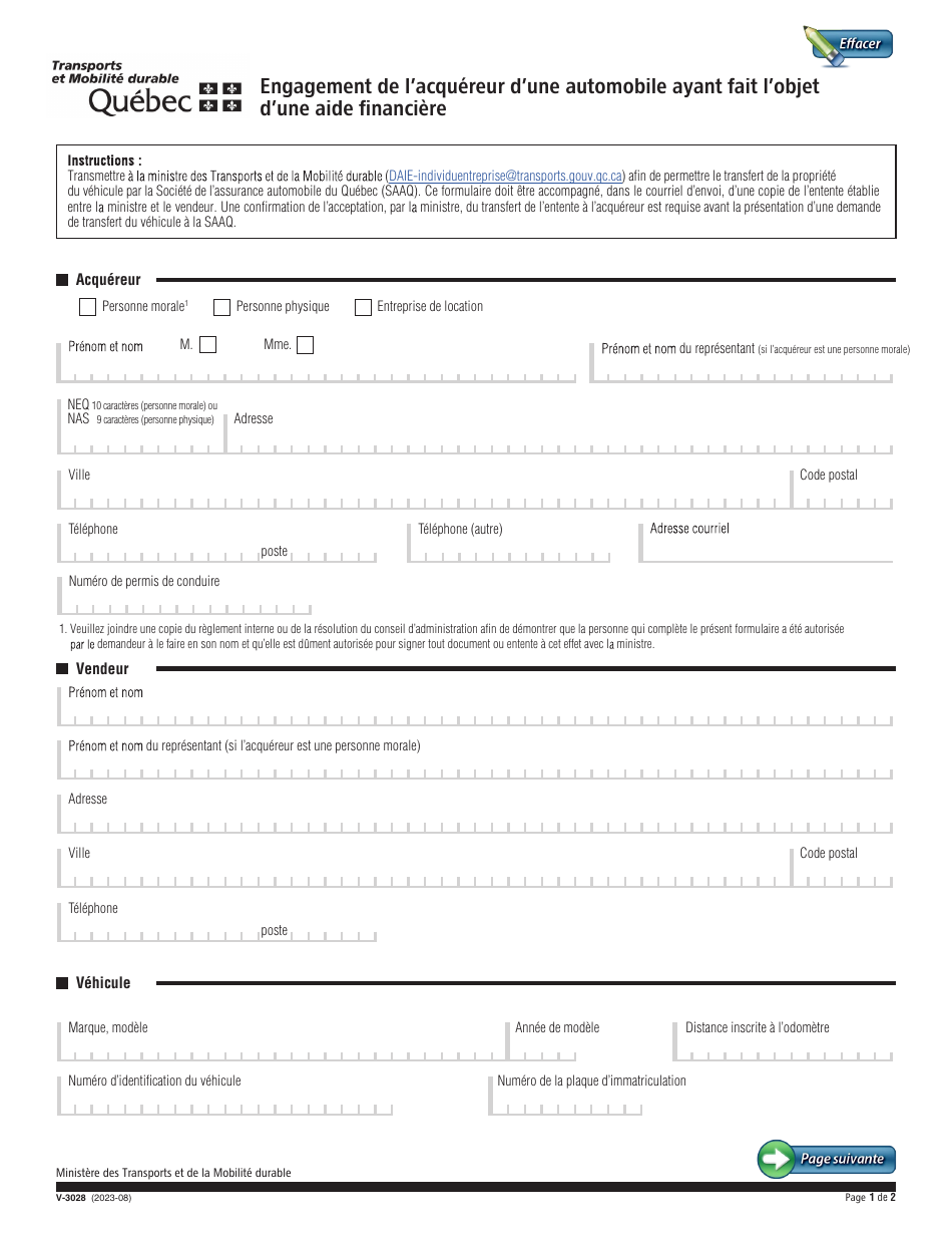 Forme V-3028 Engagement De Lacquereur Dune Automobile Ayant Fait Lobjet Dune Aide Financiere - Quebec, Canada (French), Page 1