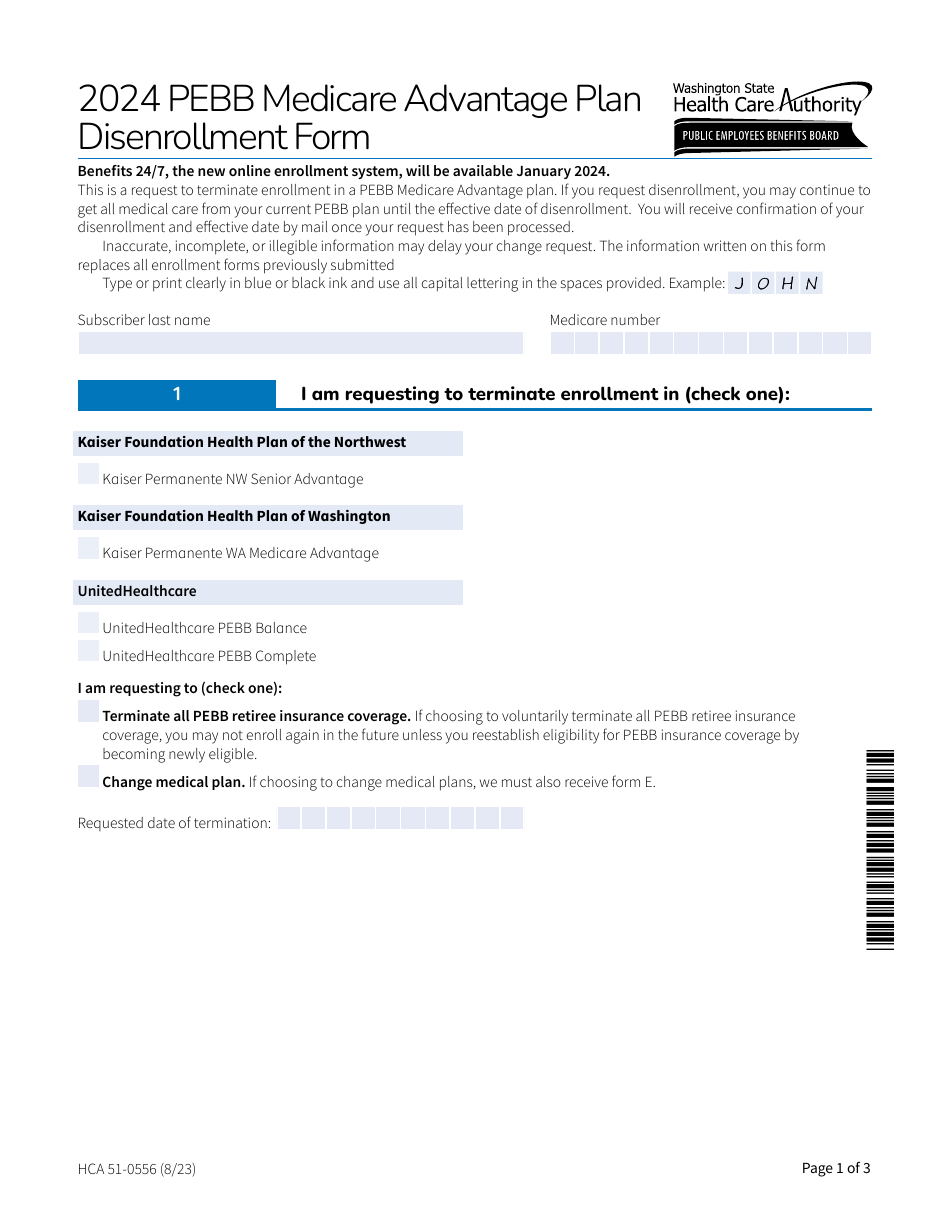 Form HCA51-0556 Pebb Medicare Advantage Plan Disenrollment Form - Washington, Page 1