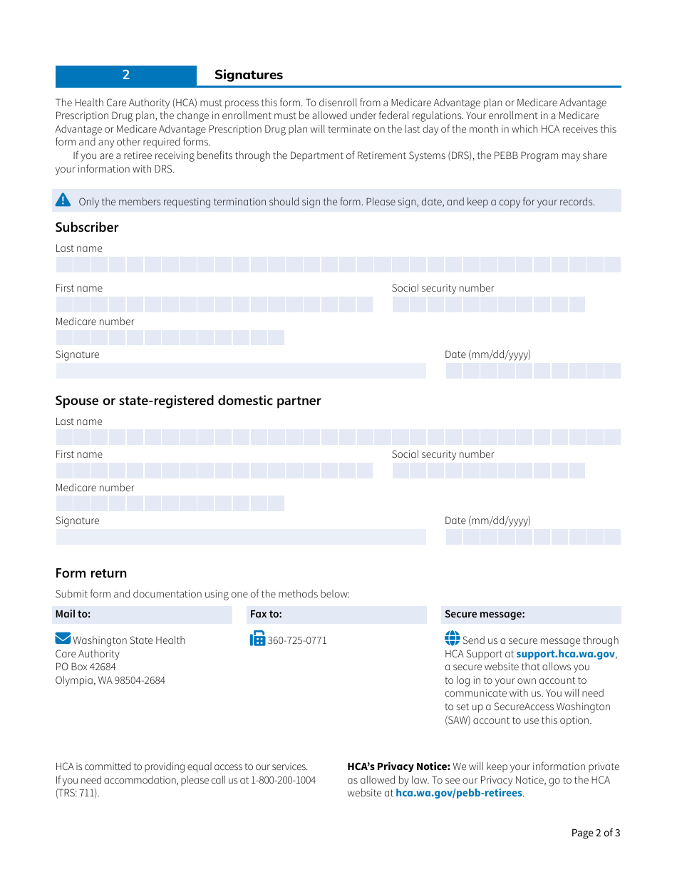 Form HCA51-0556 Pebb Medicare Advantage Plan Disenrollment Form - Washington, Page 2