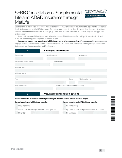 Form HCA20-0192  Printable Pdf