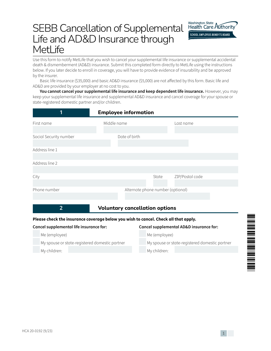 Form HCA20-0192 Sebb Cancellation of Supplemental Life and Add Insurance Through Metlife - Washington, Page 1
